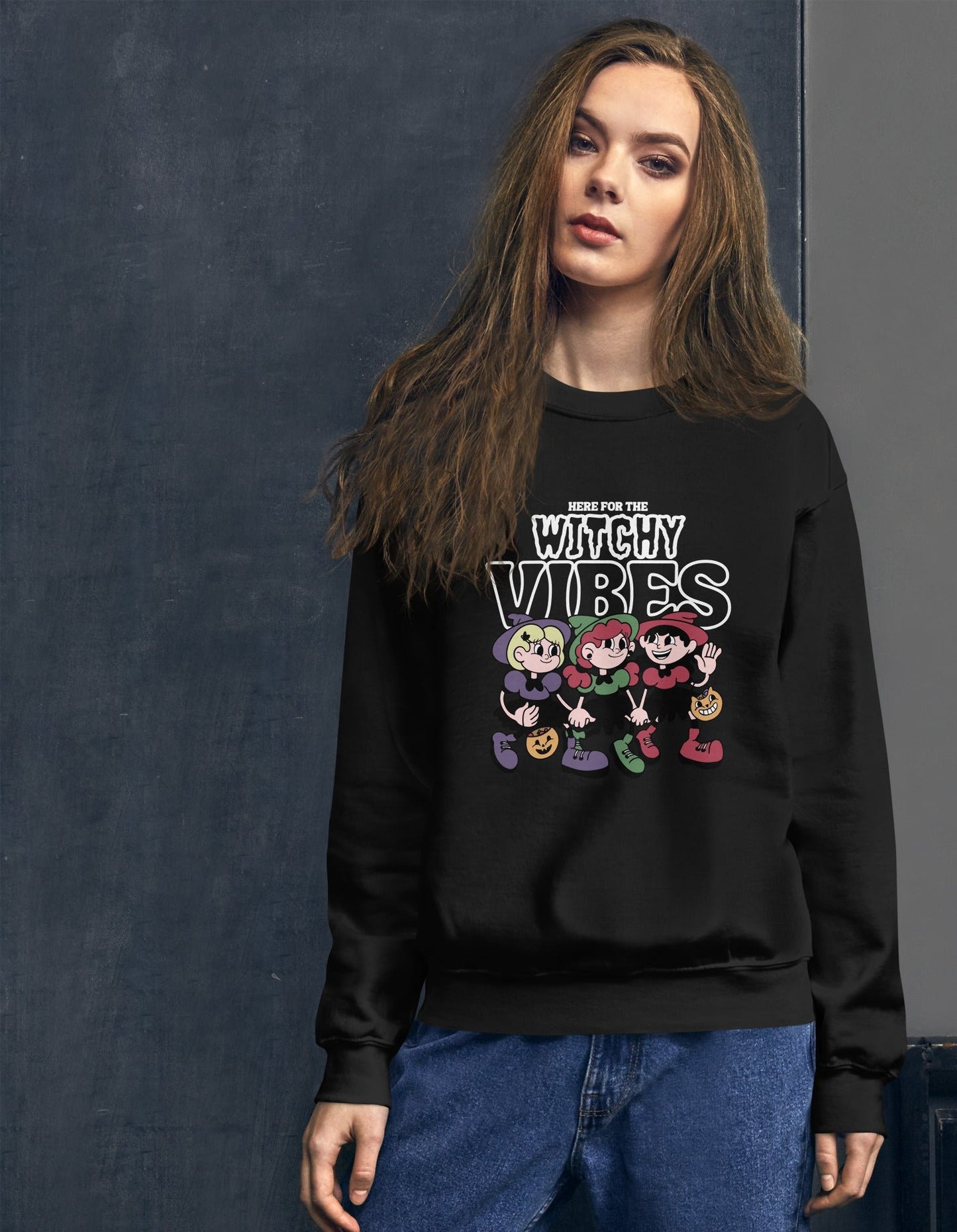 Here for the witchy vibes crewneck sweater inspired by the Sanderson Sister in the 90s Halloween fllm Hocus Pocus
