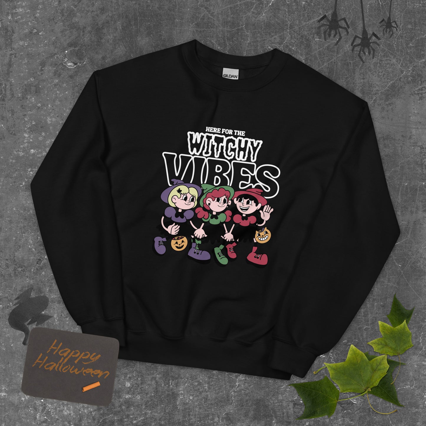 Here for the witchy vibes crewneck sweater inspired by the Sanderson Sister in the 90s Halloween fllm Hocus Pocus