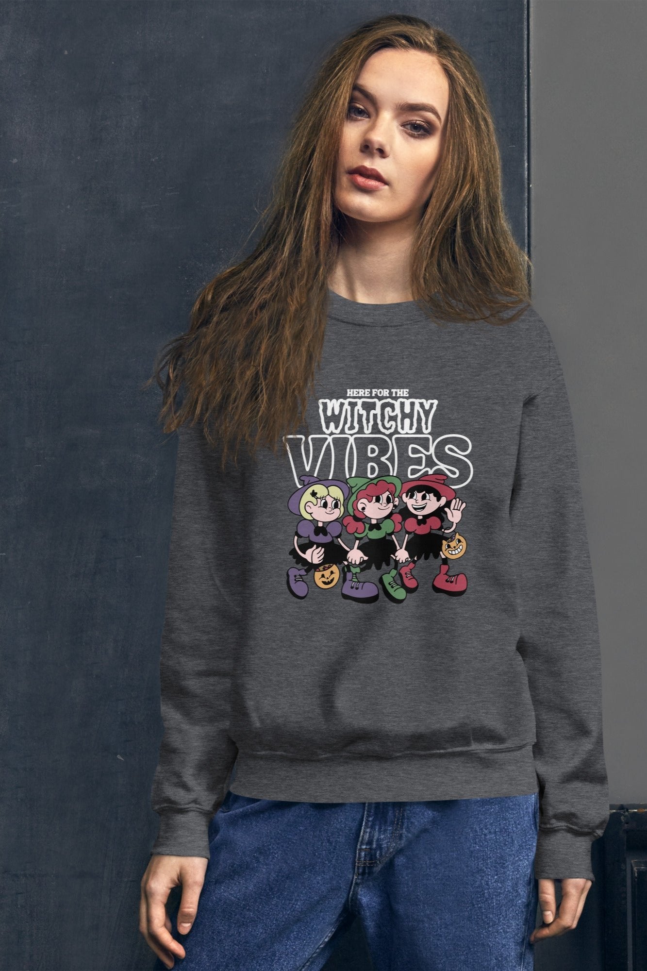Here for the witchy vibes crewneck sweater inspired by the Sanderson Sister in the 90s Halloween fllm Hocus Pocus