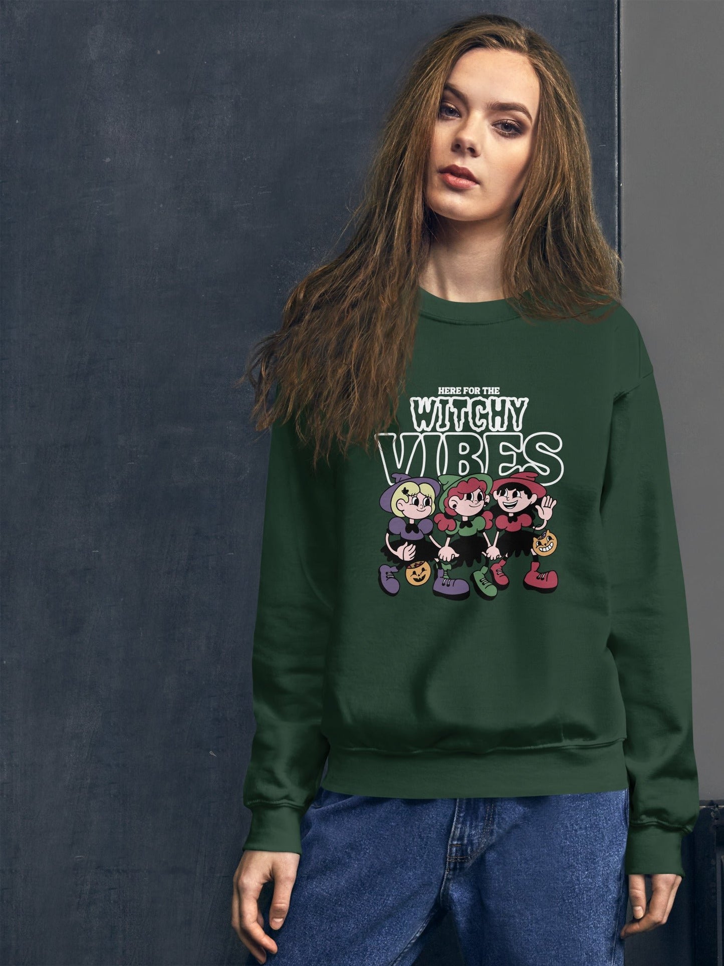 Here for the witchy vibes crewneck sweater inspired by the Sanderson Sister in the 90s Halloween fllm Hocus Pocus