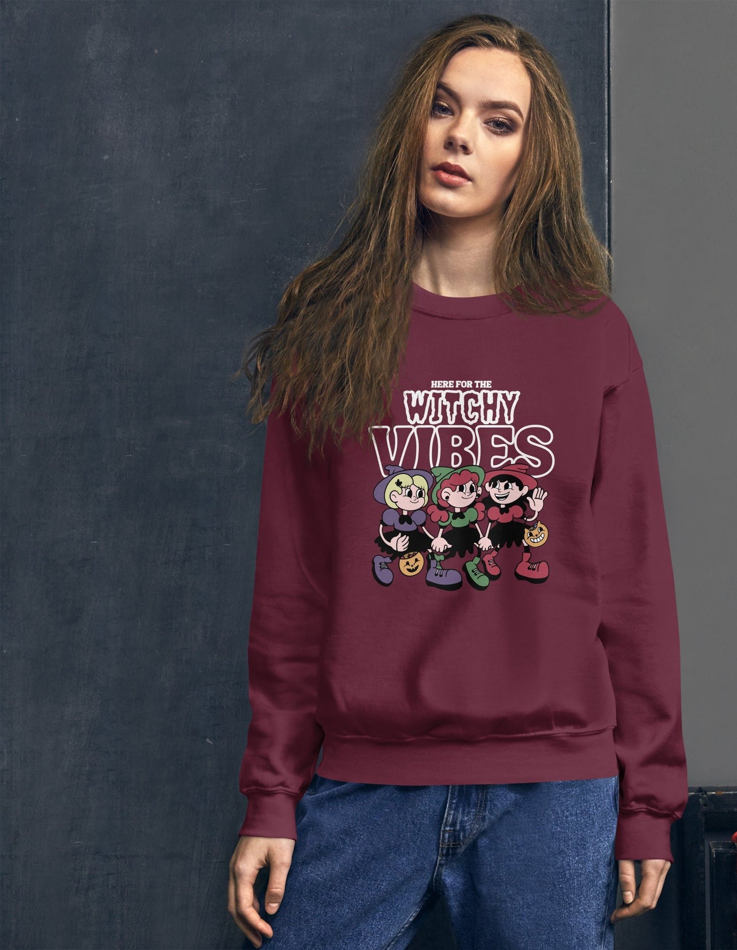 Here for the witchy vibes crewneck sweater inspired by the Sanderson Sister in the 90s Halloween fllm Hocus Pocus
