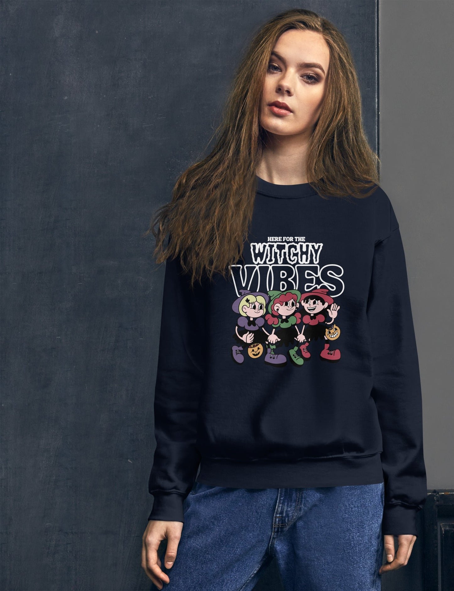 Here for the witchy vibes crewneck sweater inspired by the Sanderson Sister in the 90s Halloween fllm Hocus Pocus