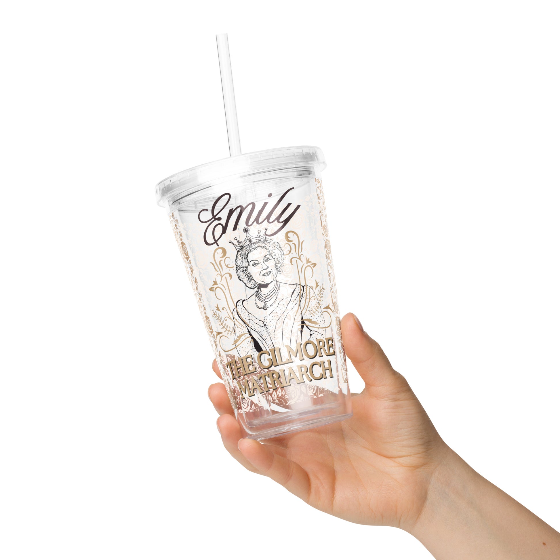 gilmore girls emily matriarch double-wall clear plastic reusable tumbler cup iced coffee merchandise