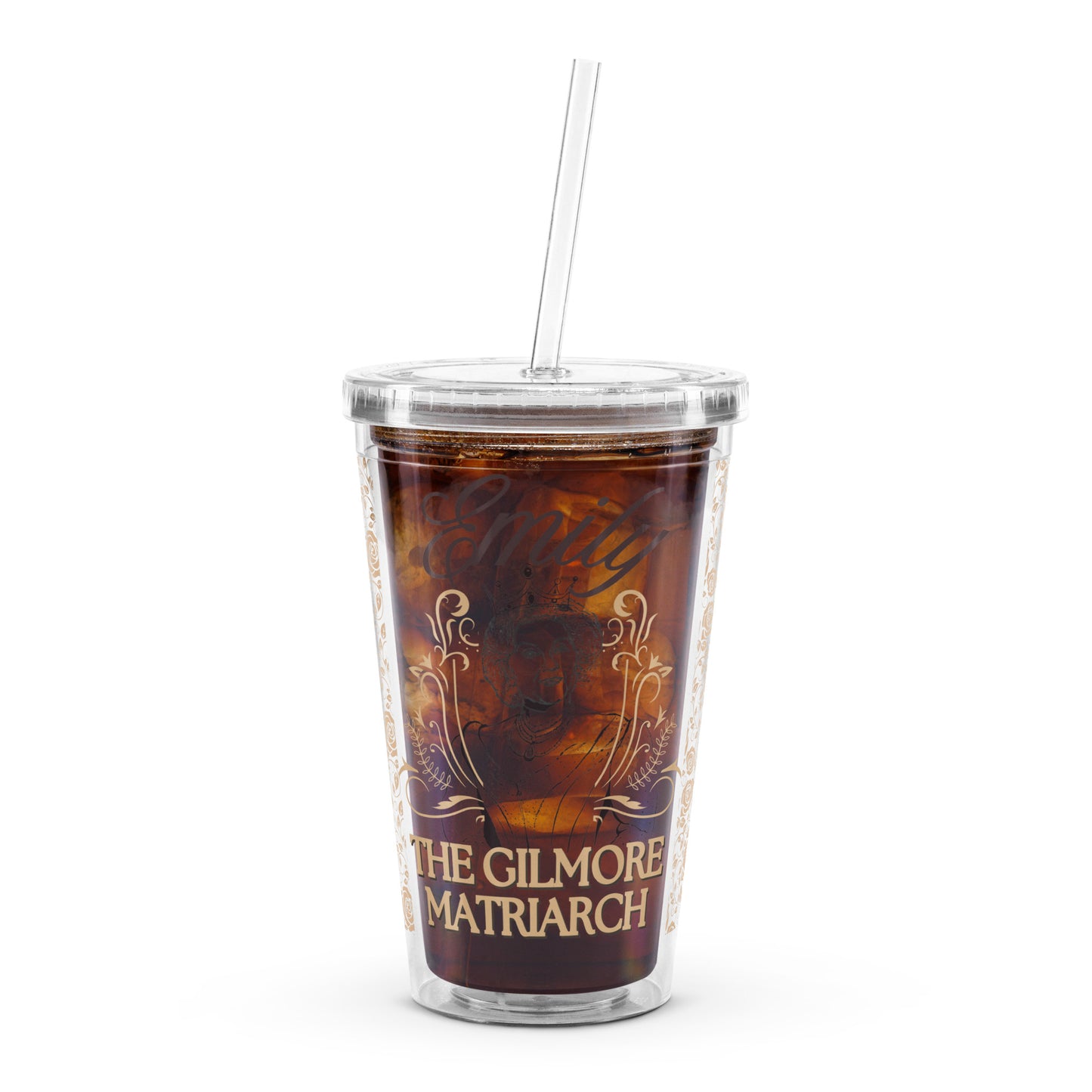 gilmore girls emily matriarch double-wall clear plastic reusable tumbler cup iced coffee merchandise