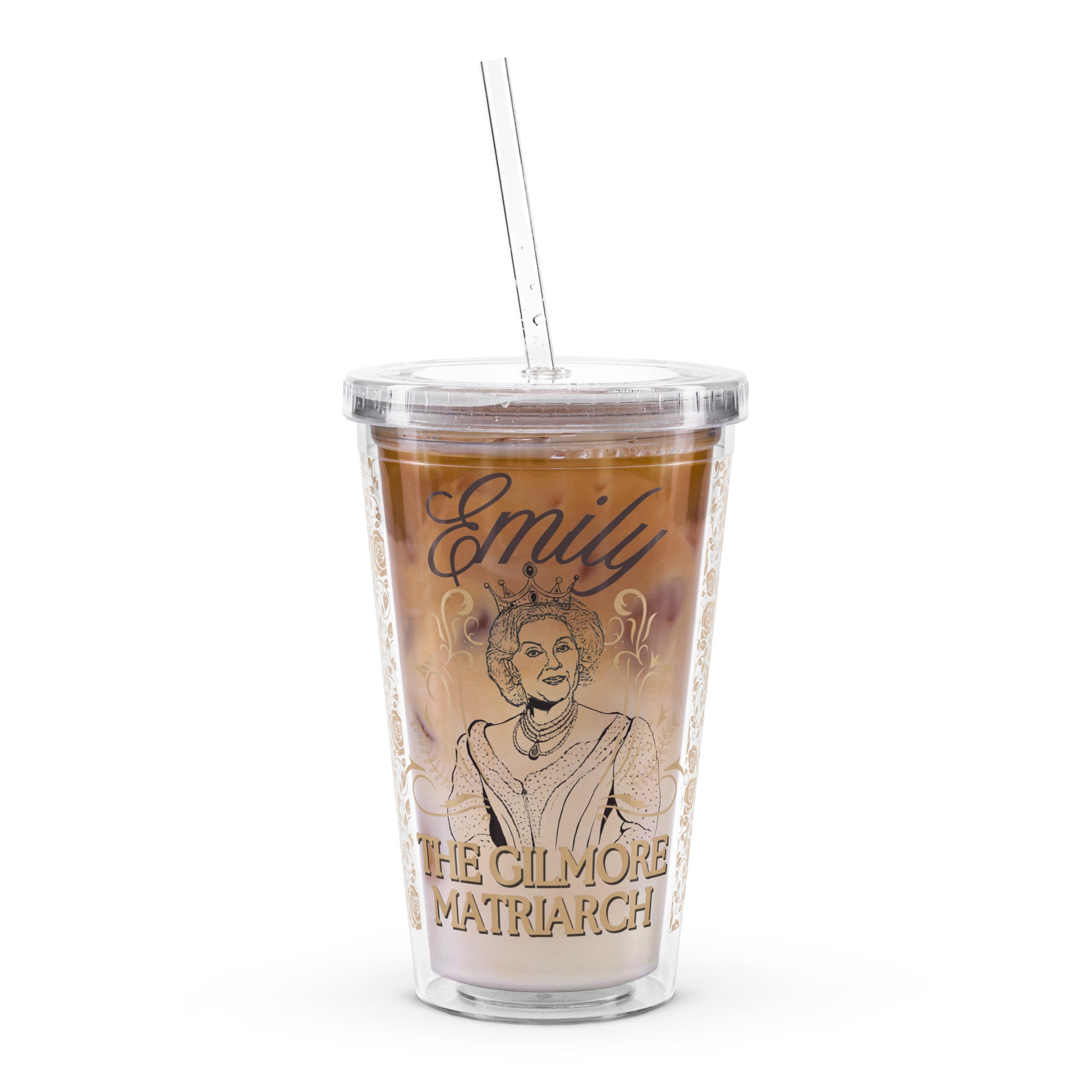 gilmore girls emily matriarch double-wall clear plastic reusable tumbler cup iced coffee merchandise