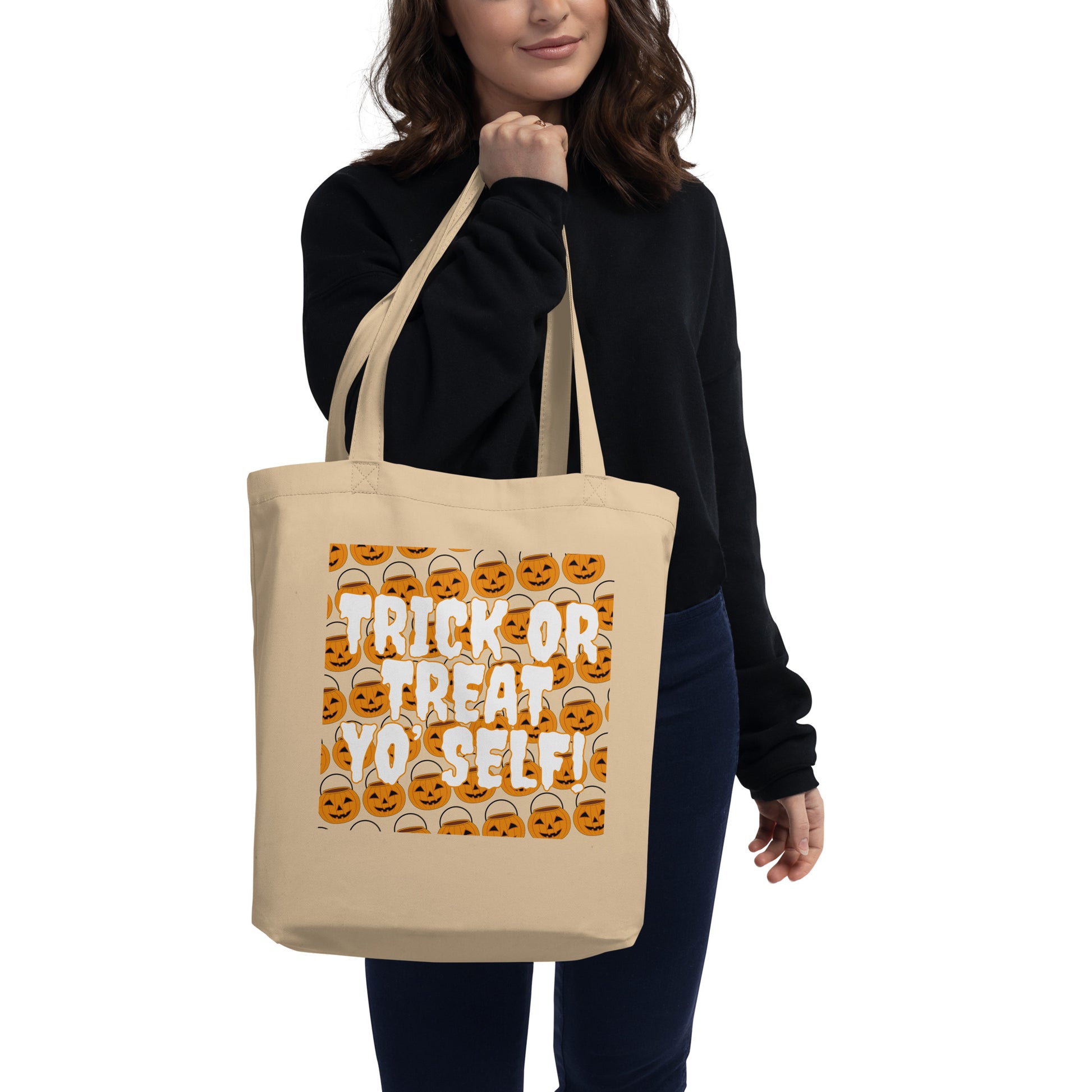 trick or tret eco tote canvas bag sustainable switch keepsake kids year age costume plasticbucket replacement halloween candy boo thang pumpkin jack o lantern certified organic treat yo self parks and recreation rec tom donna