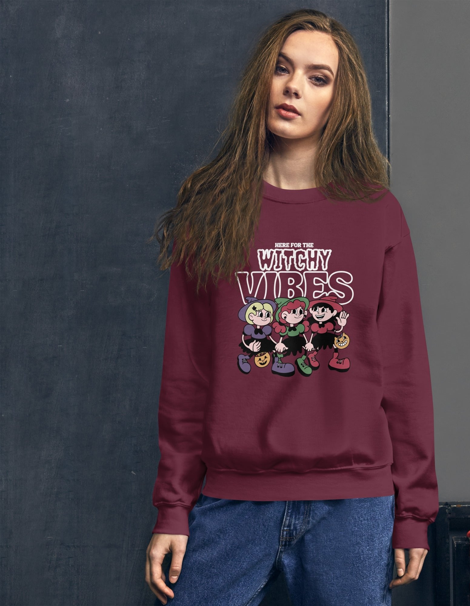 Here for the witchy vibes crewneck sweater inspired by the Sanderson Sister in the 90s Halloween fllm Hocus Pocus