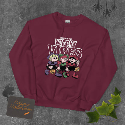 Here for the witchy vibes crewneck sweater inspired by the Sanderson Sister in the 90s Halloween fllm Hocus Pocus